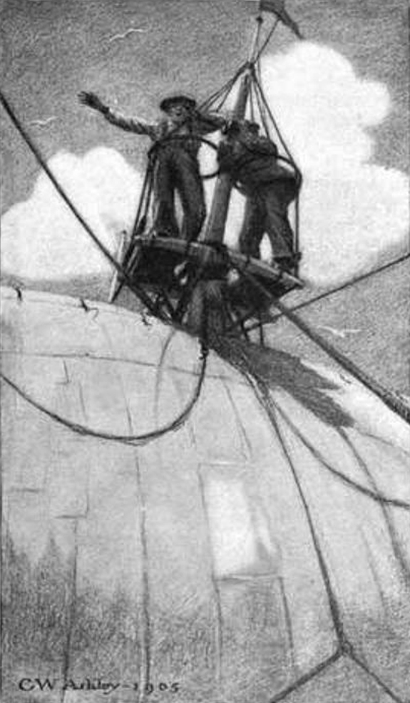 Thar She Blows! 2 men in hte crows nest of a whaling vessel - www.WhalingCity.net